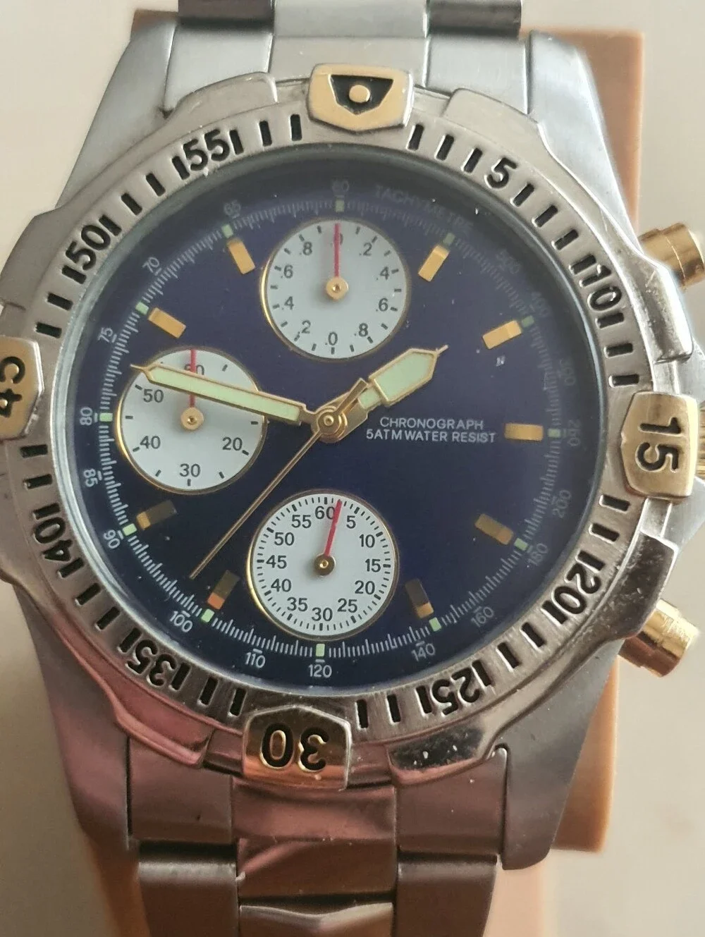 Silver/Goldtone/Blue Stainless Steel Chronograph Men's Watch